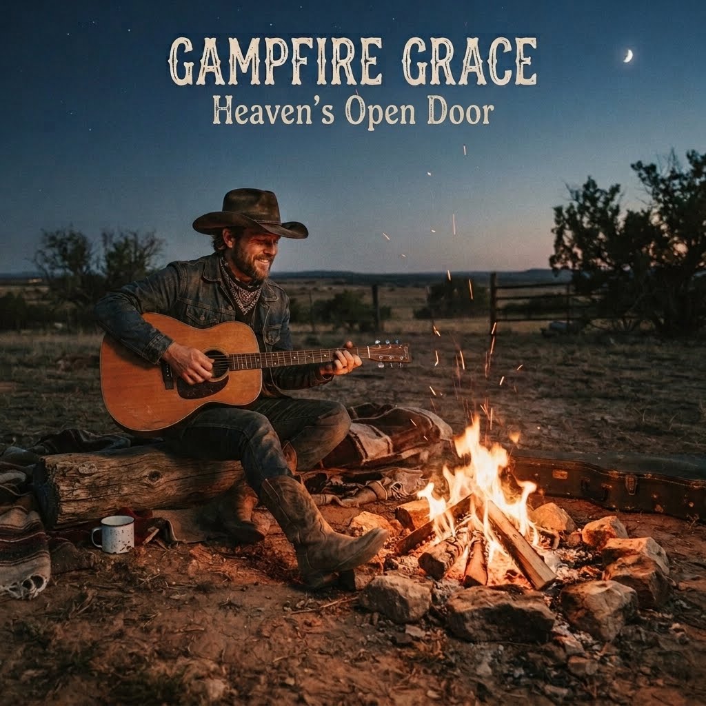 Heaven's Open Door album cover — a cowboy playing acoustic guitar beside a campfire under a night sky