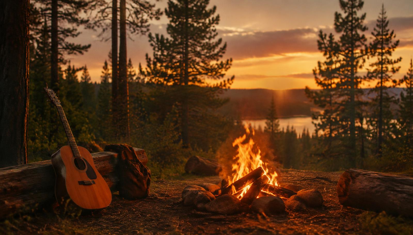 Campfire with a guitar in a pine forest at dusk